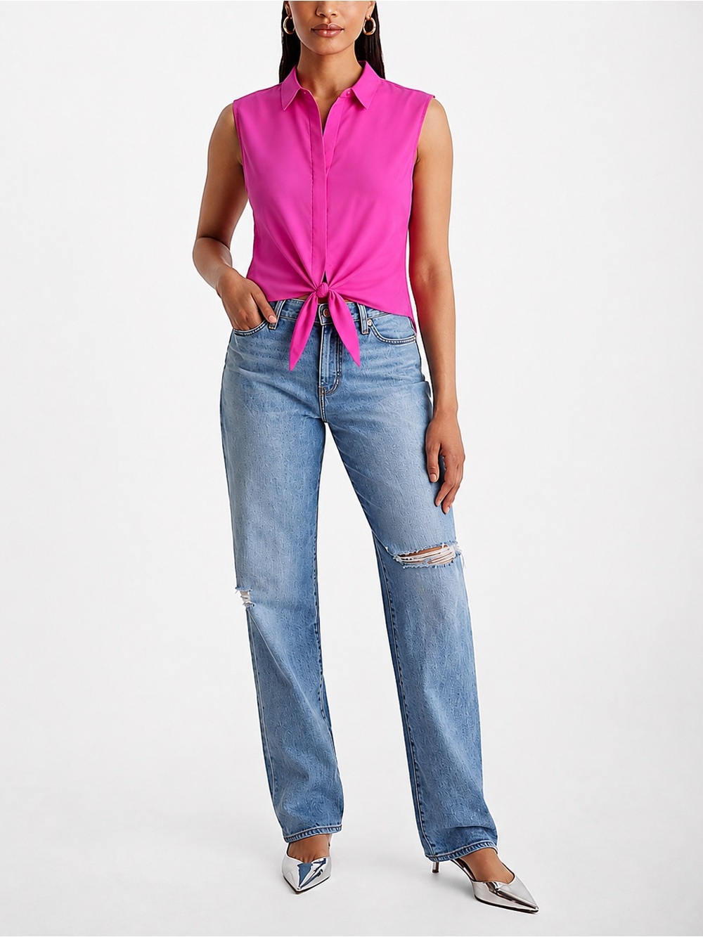 Express Sleeveless Tie-Front Collared Top Hot Pink - Size L